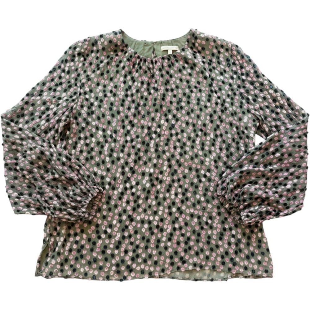 Ann Mashburn Green Silk Fil Coupe Polka Dot Balloon Sleeve Blouse Large